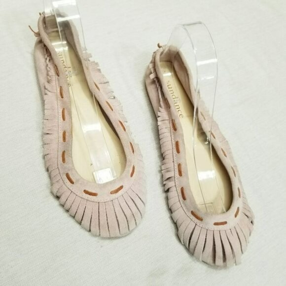 SUNDANCE Moccasins Pink Fully Fringe Suede Ballet Flats Leather Slippers Size 38 - Picture 9 of 16